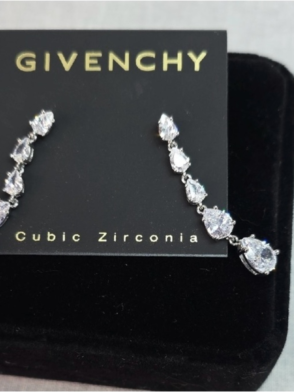 Givenchy Silver Teardrop Linear CZ Earrings - White Crystal- NWT - Picture 3 of 7